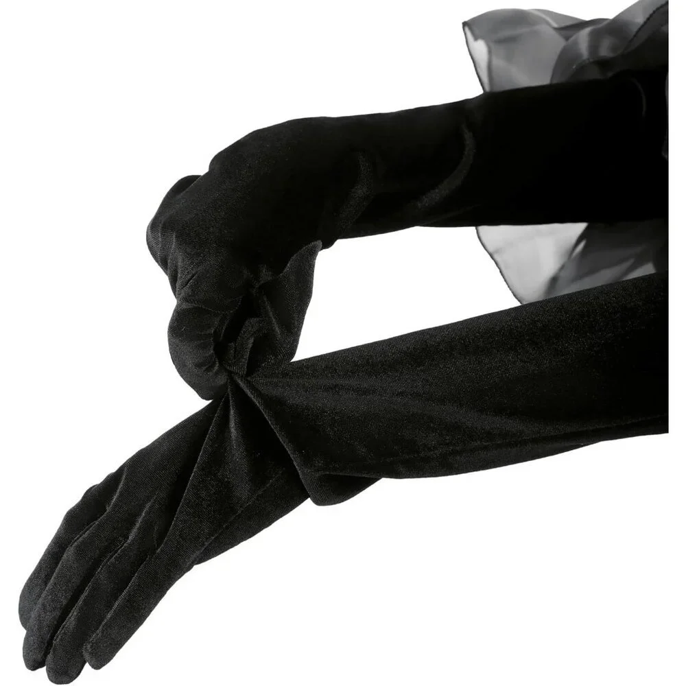 Women's Black Tulle Velvet Opera Long Gloves Puff Ruffled Banquet Party Prom